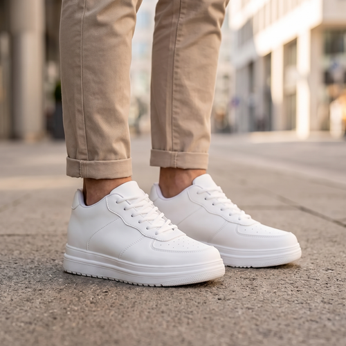 Man wearing STATURE Airlift white height increasing sneakers on a city street