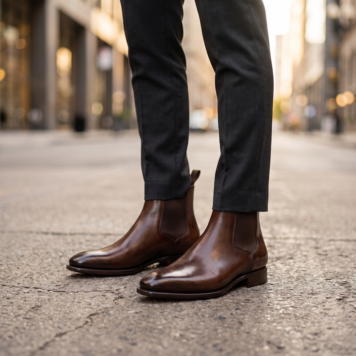 Man wearing STATURE Luxor brown Chelsea height increasing boots