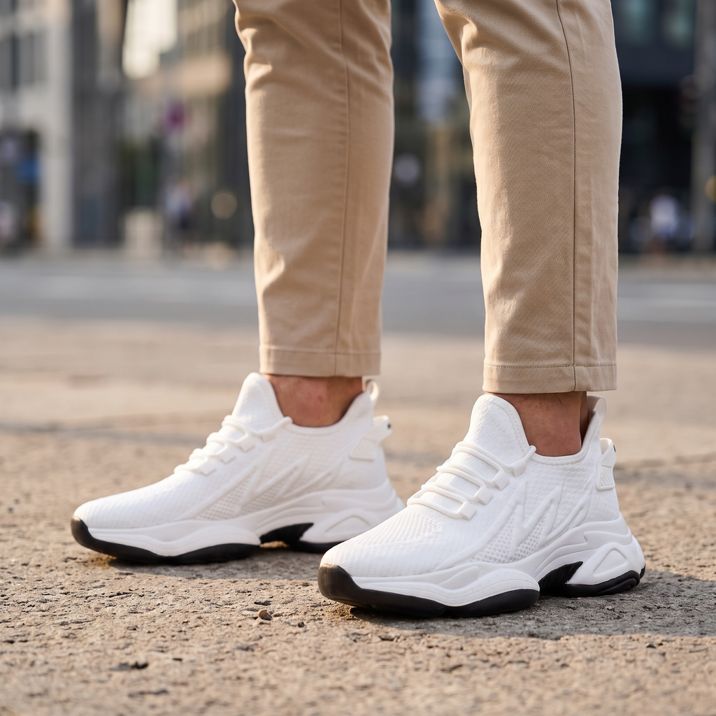 Man wearing STATURE Altitude white height increasing sneakers