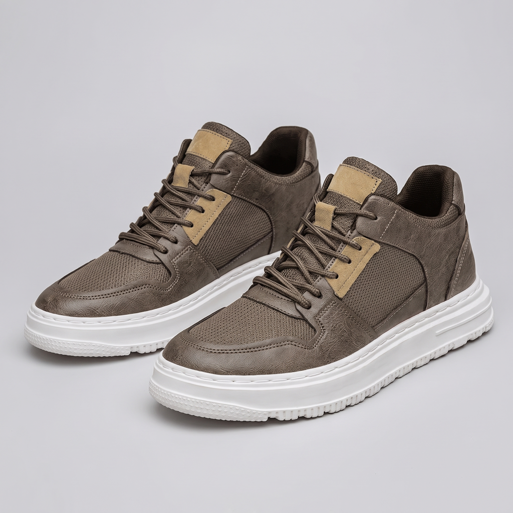 STATURE Zenith tan sneakers front three-quarter view