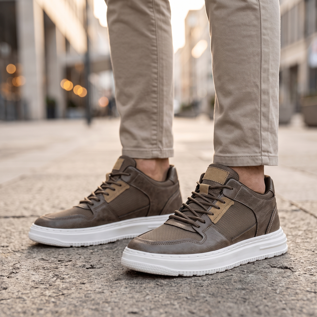 Man wearing STATURE Zenith tan leather height increasing sneakers
