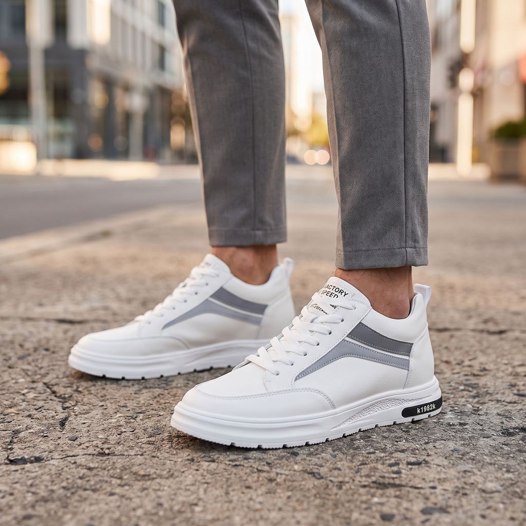 Man wearing STATURE Prime white height increasing sneakers