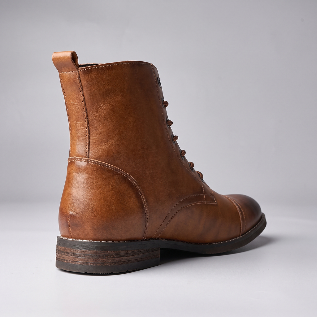 STATURE Outlaw tan leather boot heel and back view