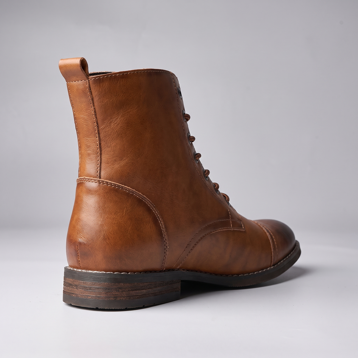 STATURE Outlaw tan leather boot heel and back view