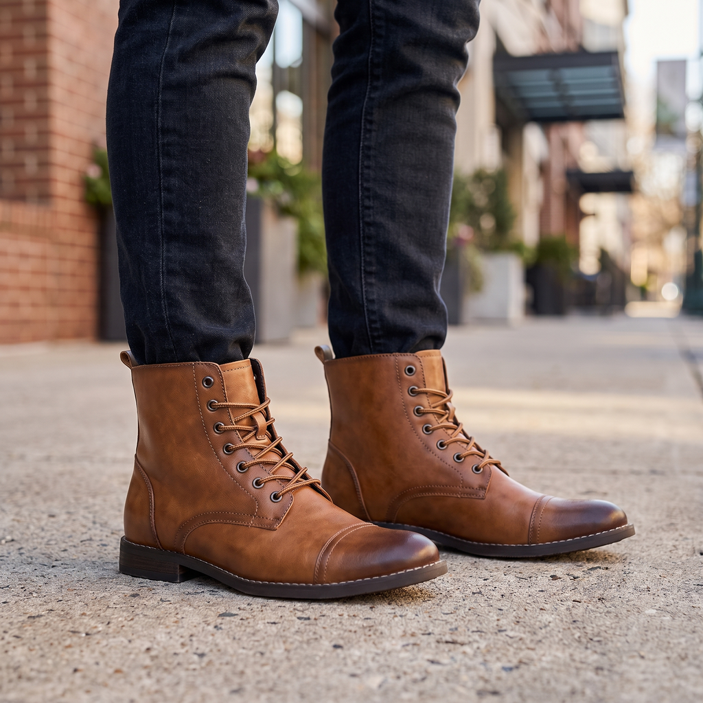 Man wearing STATURE Outlaw tan leather height increasing boots